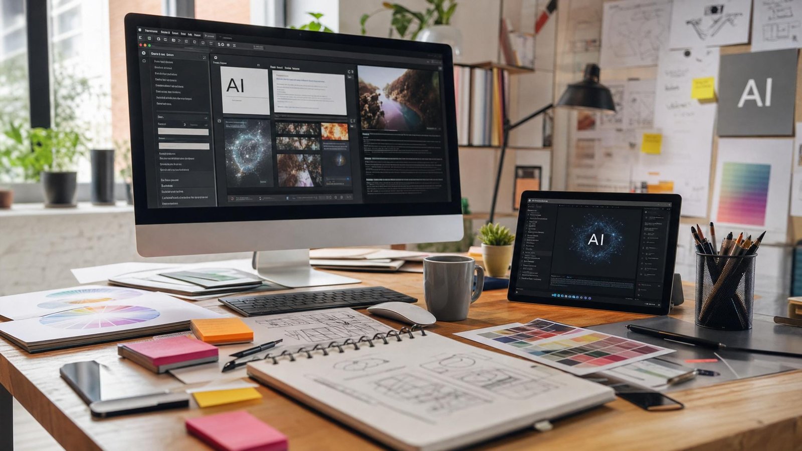 Freelancers collaborating with AI tools in a modern workspace