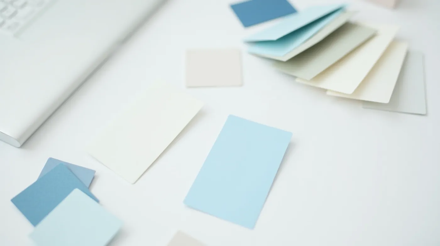 professional editorial photograph of a minimal designer workspace on a clean white desk: a fanned set of brand color swa