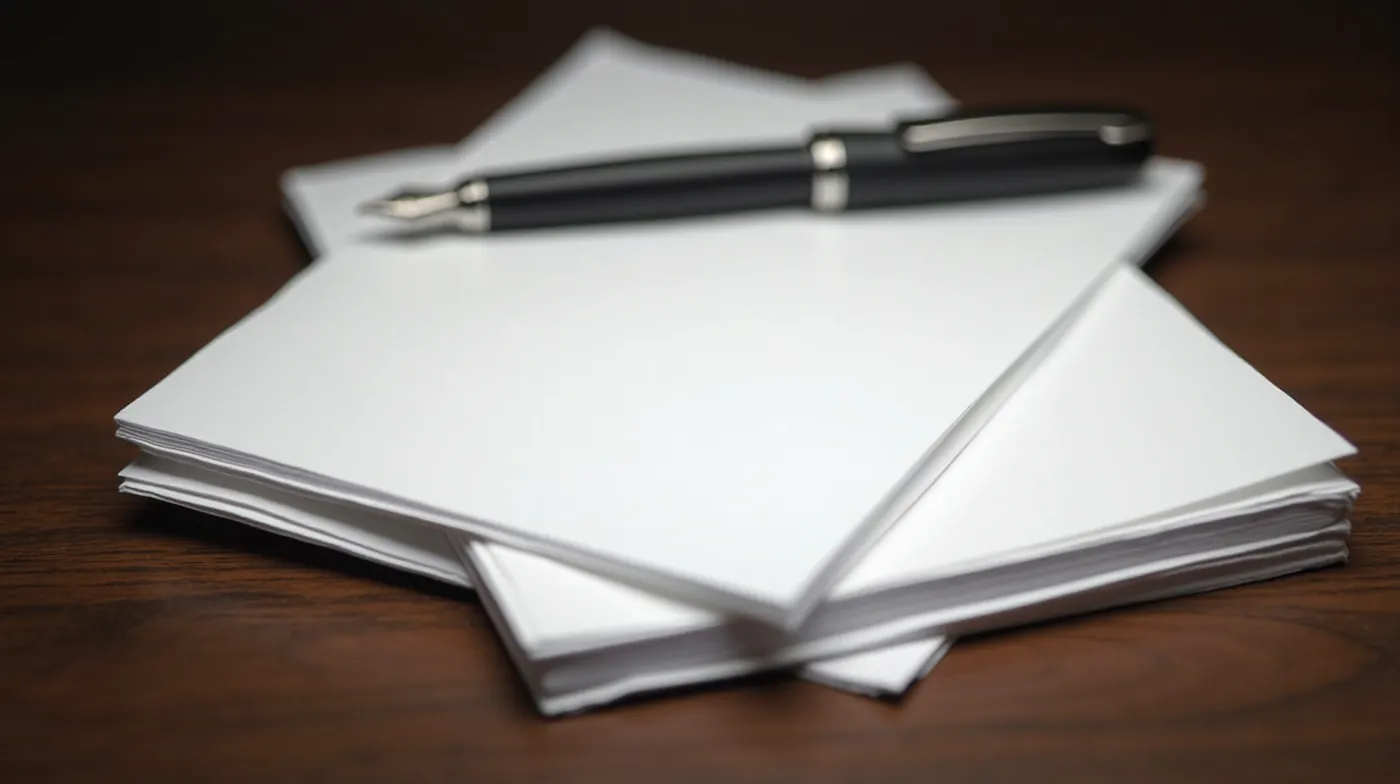 High-resolution sharp still-life photograph, full-bleed 16:10 composition: a neat stack of crisp white paper sheets with