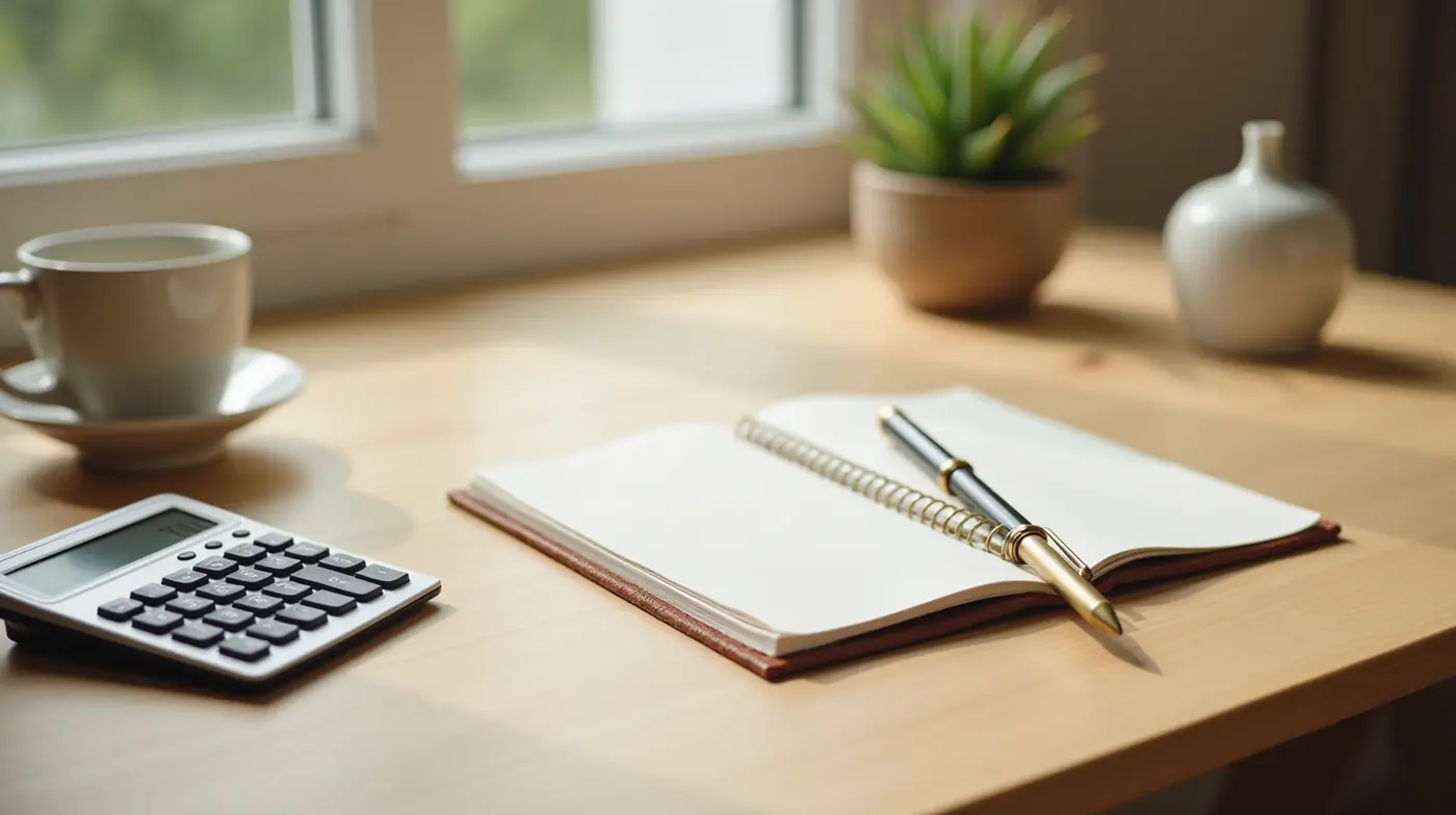 A clean minimalist freelancer desk in soft natural window light, viewed from above at a slight angle