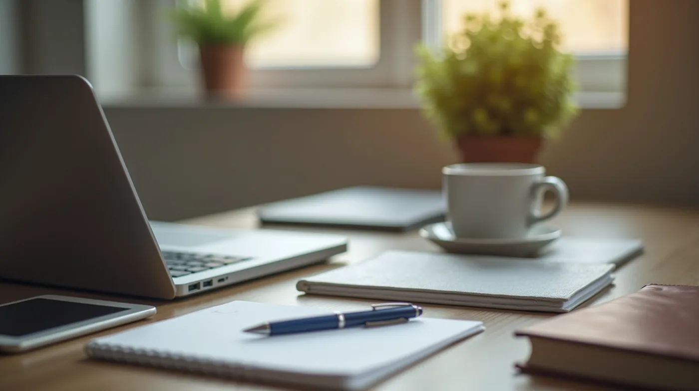 professional editorial photograph of a tidy modern home office desk with a closed silver laptop, a ceramic coffee cup, a