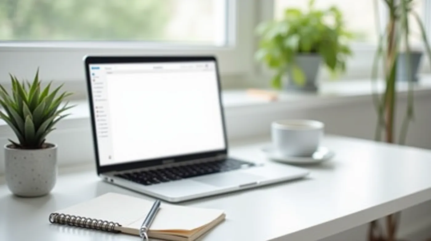 professional editorial photograph of a modern home office desk with an open laptop showing a blank dashboard, a notebook
