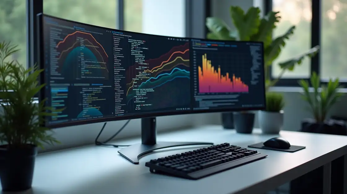 Data science workstation with analytics dashboards on an ultrawide monitor