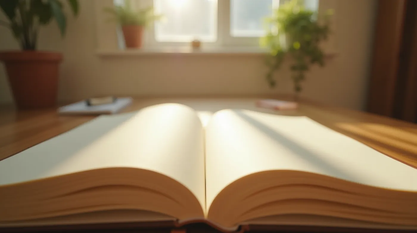professional editorial photograph, a large open blank journal centered in the frame filling most of the image, thick cre