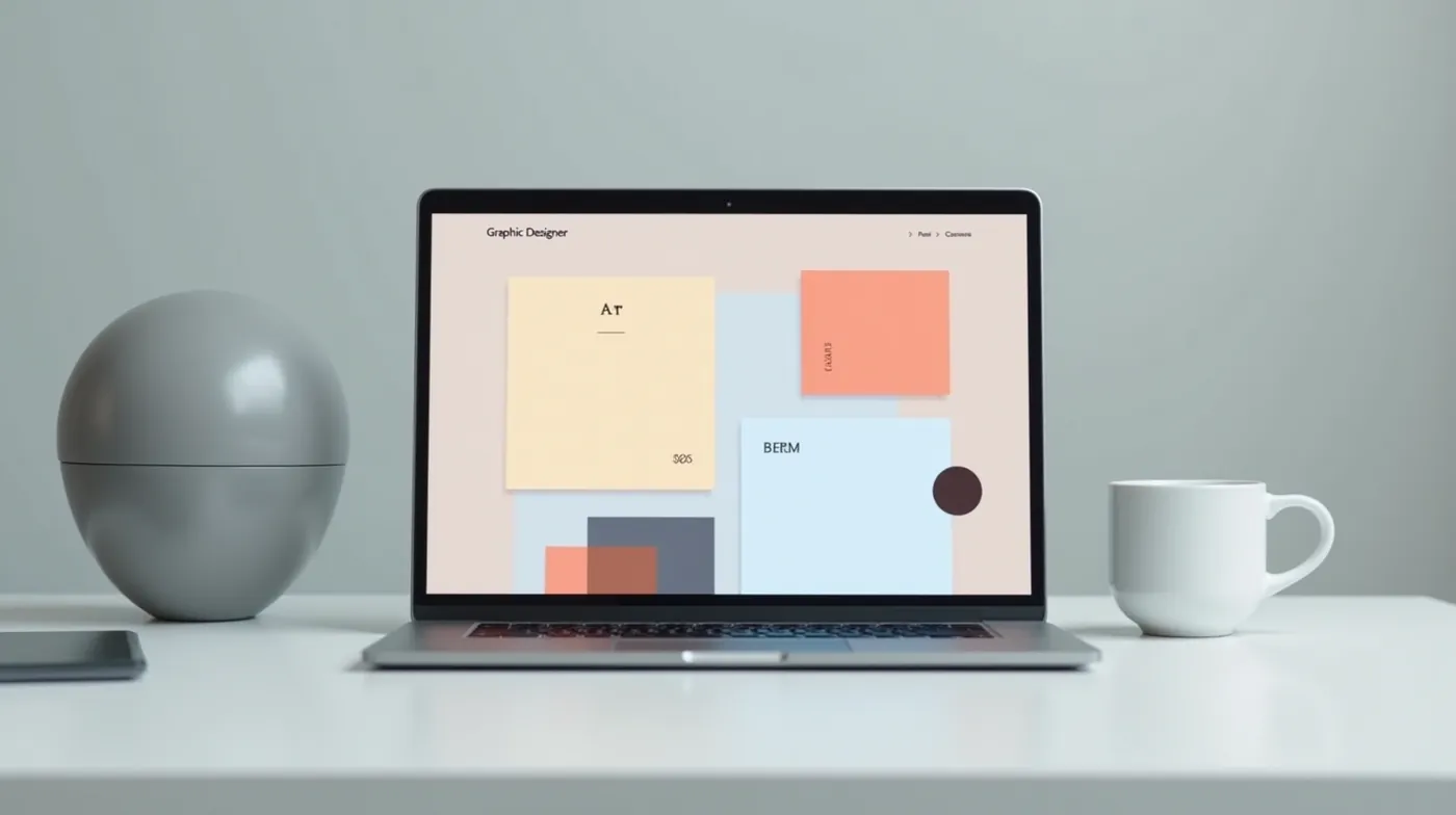 Professional editorial photograph of a sleek laptop on a clean light gray desk displaying a minimalist graphic designer 