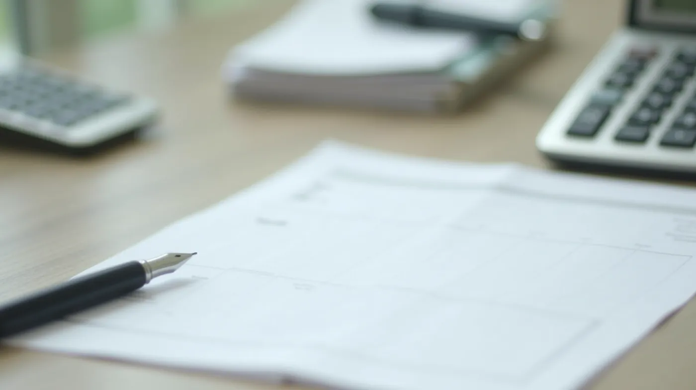 Professional editorial photograph of an organized office desk with a silver calculator, a black fountain pen, and a neat