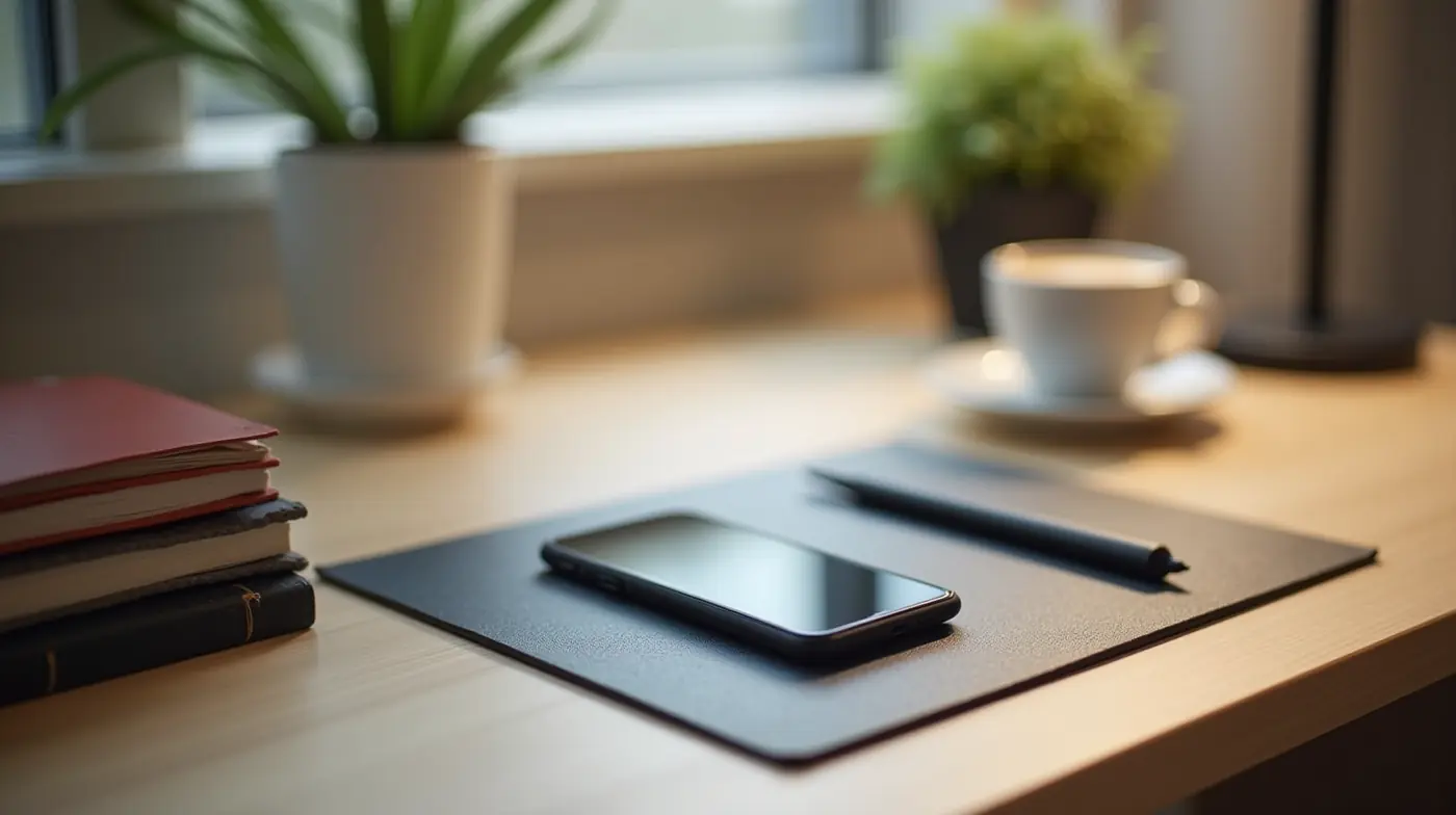 professional editorial photograph for a remote-work tech blog: a modern minimalist desk with a smartphone and a digital 