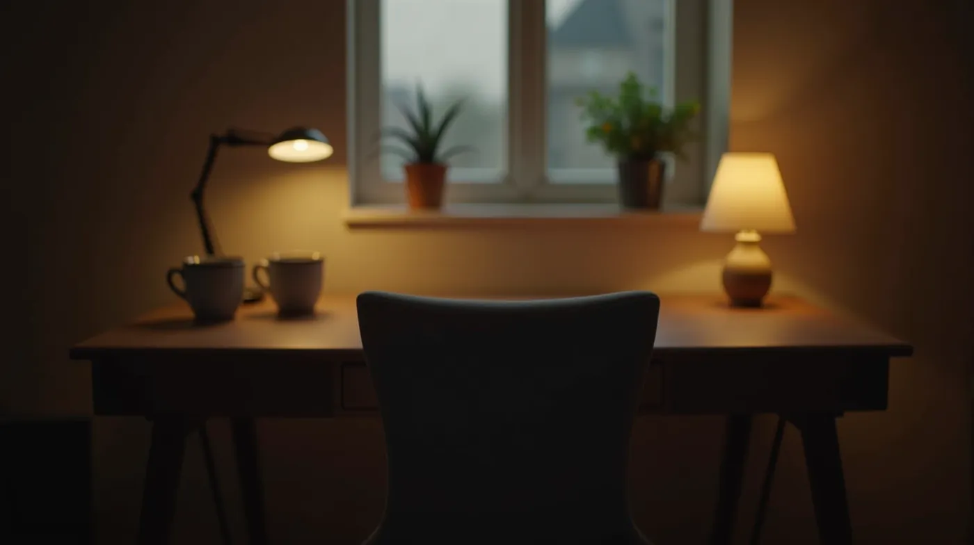 Professional editorial photograph of a quiet empty home office in soft warm evening light, a wooden desk with a single c