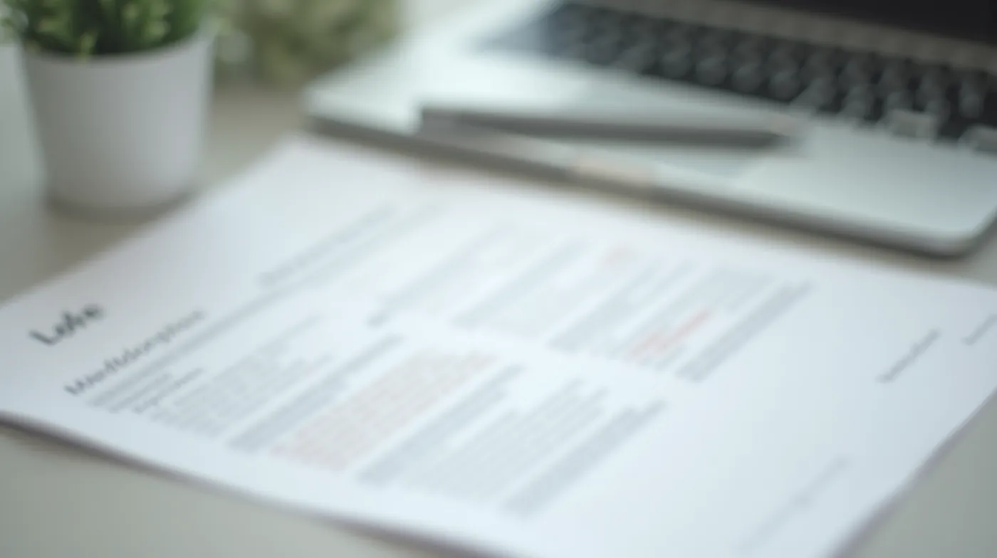 Professional editorial photograph: a clean minimalist desk with an open printed business proposal document with blurred 