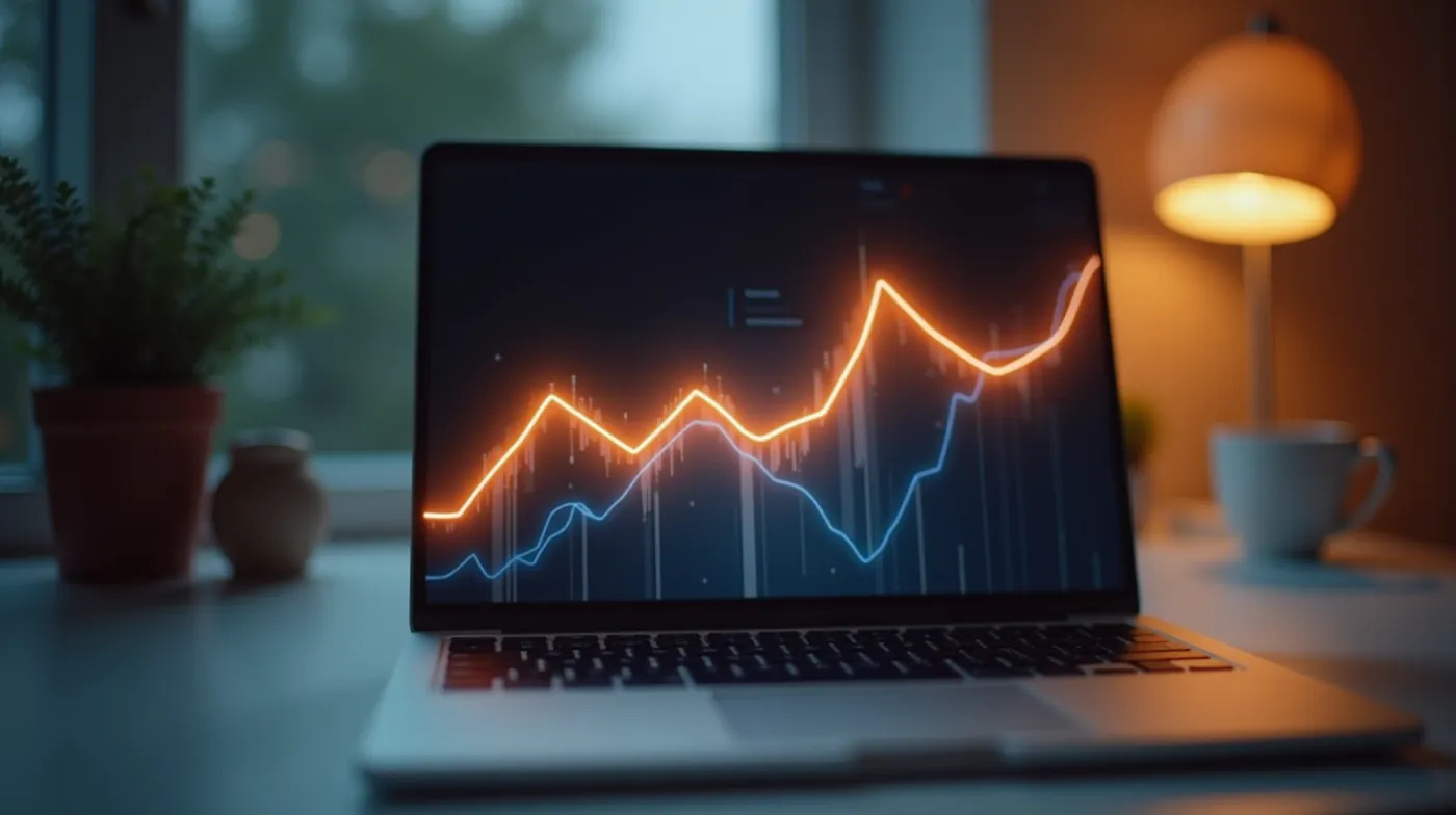 a clean modern desk workspace with an open laptop displaying a glowing abstract upward-trending line chart, soft warm st