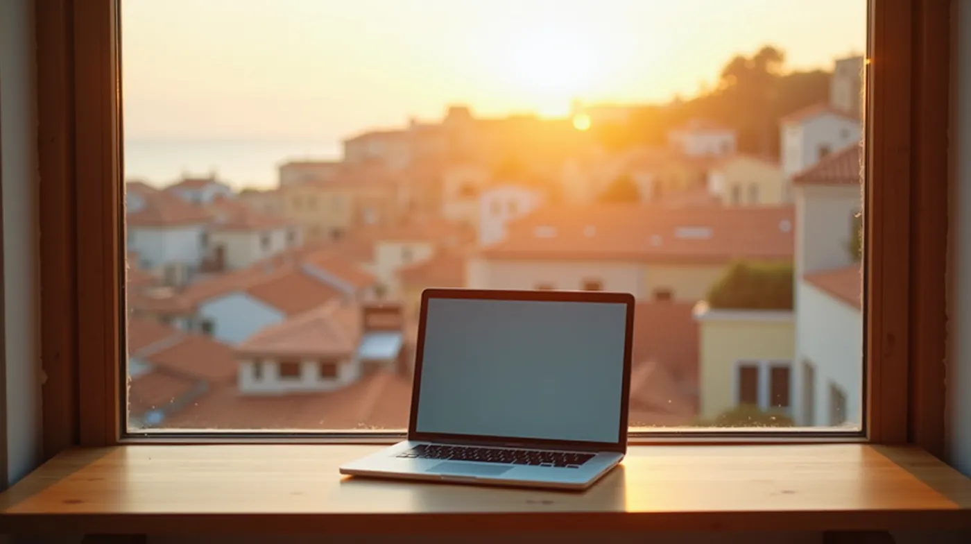Professional editorial photograph of a modern laptop open on a wooden desk beside a large window, overlooking a sunlit M