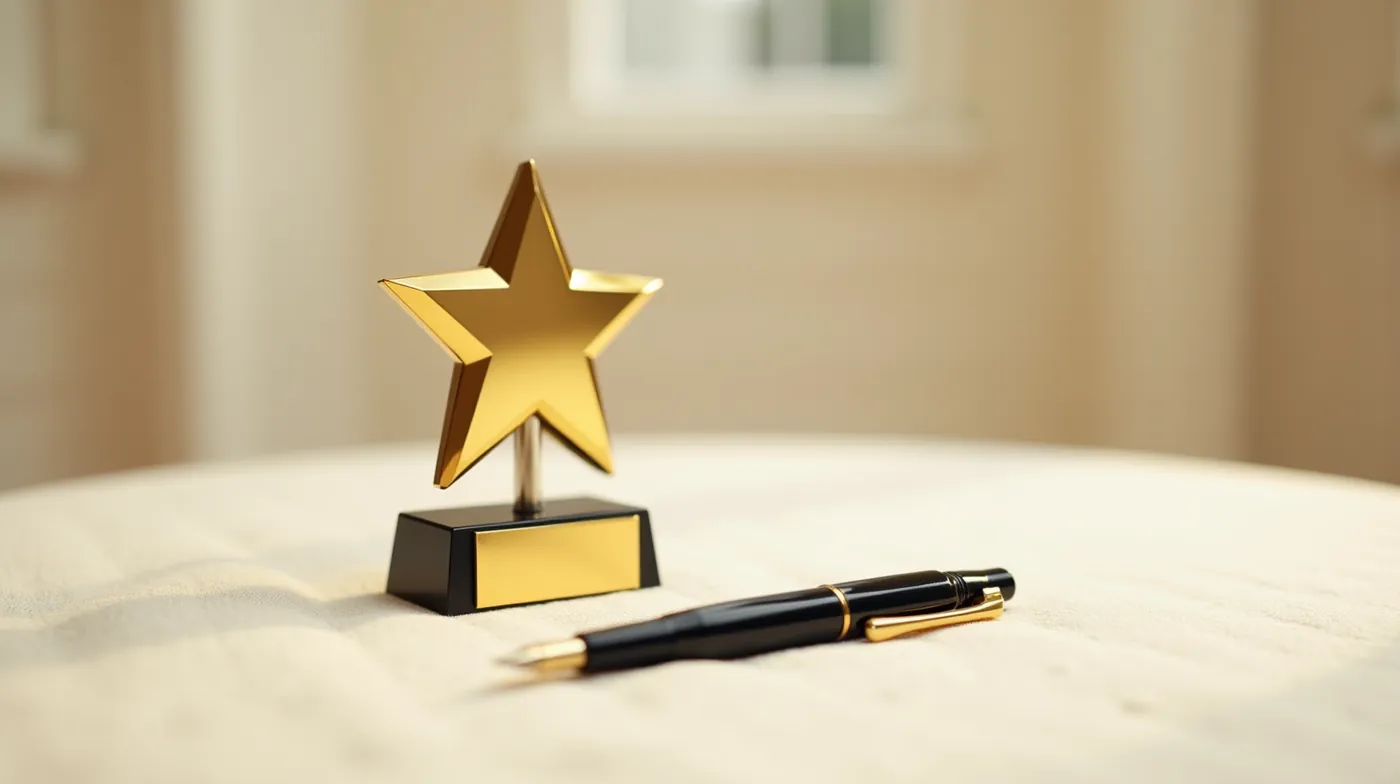 A professional editorial photograph of a single large polished brass star award standing on a cream linen surface, a bla