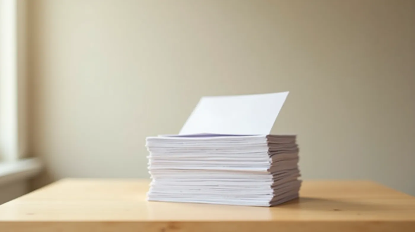 professional editorial photograph of a neat tall stack of plain white envelopes on a light oak desk, one envelope slight