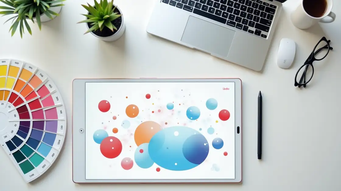 Graphic designer workspace with drawing tablet, color swatches, and abstract design shapes
