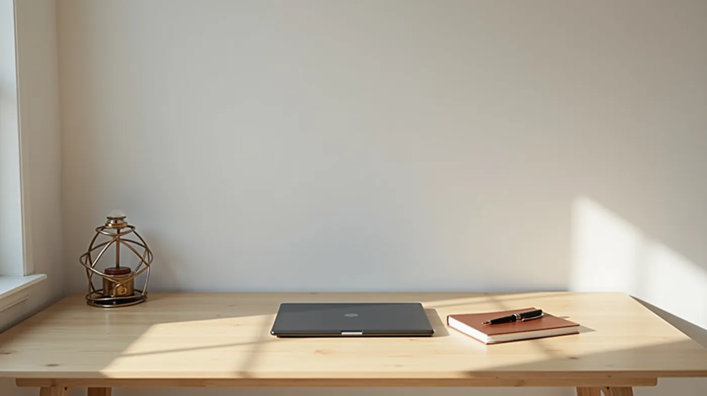 Clean minimalist editorial photograph of a light oak desk viewed from a 45 degree angle: a single closed dark laptop, a 