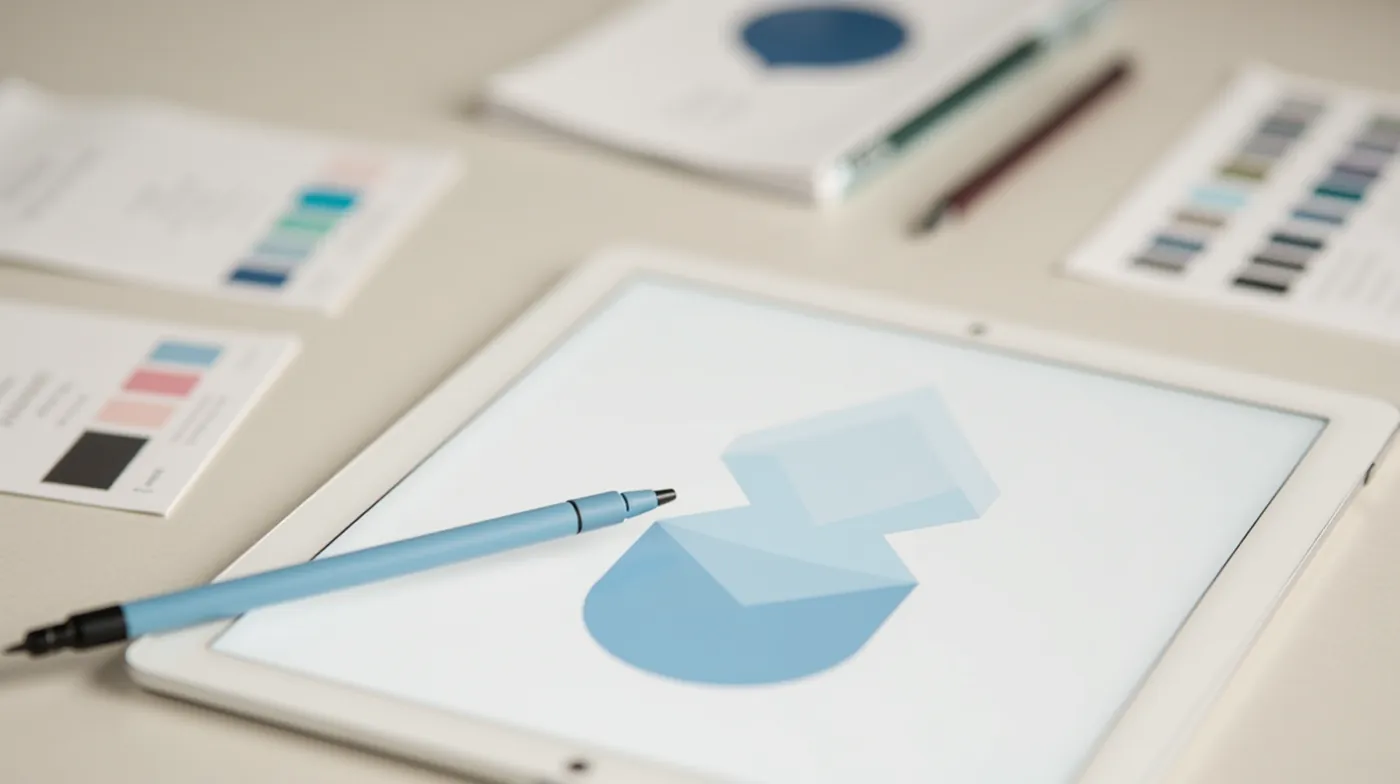 A clean editorial photograph of a graphic designer workspace: a stylus pen resting beside a tablet showing an abstract g