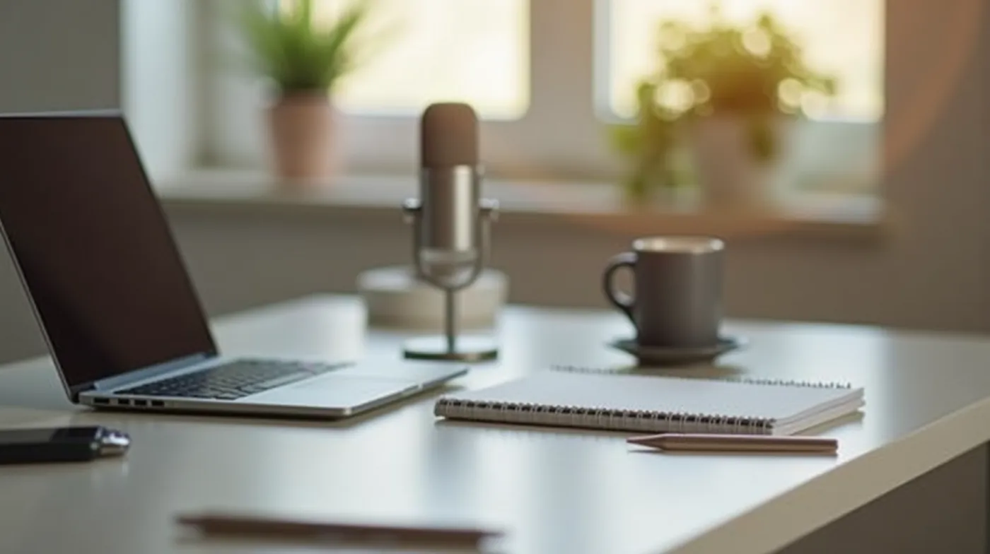 clean minimal home office desk with an open laptop, a silver USB condenser microphone, a notebook, and a coffee mug, war