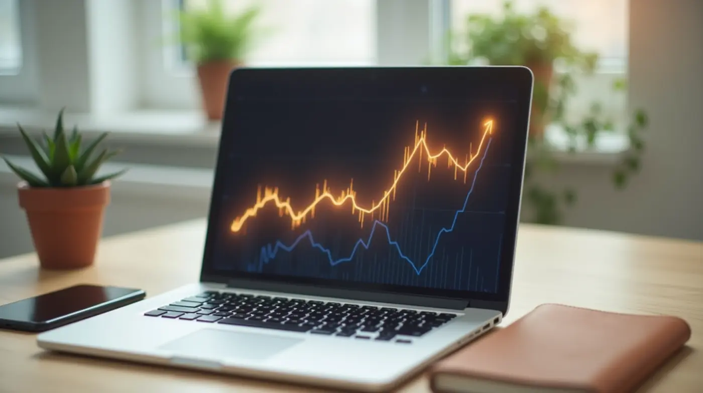 Professional editorial photograph for a personal-finance article: a modern silver laptop on a light oak desk, its screen