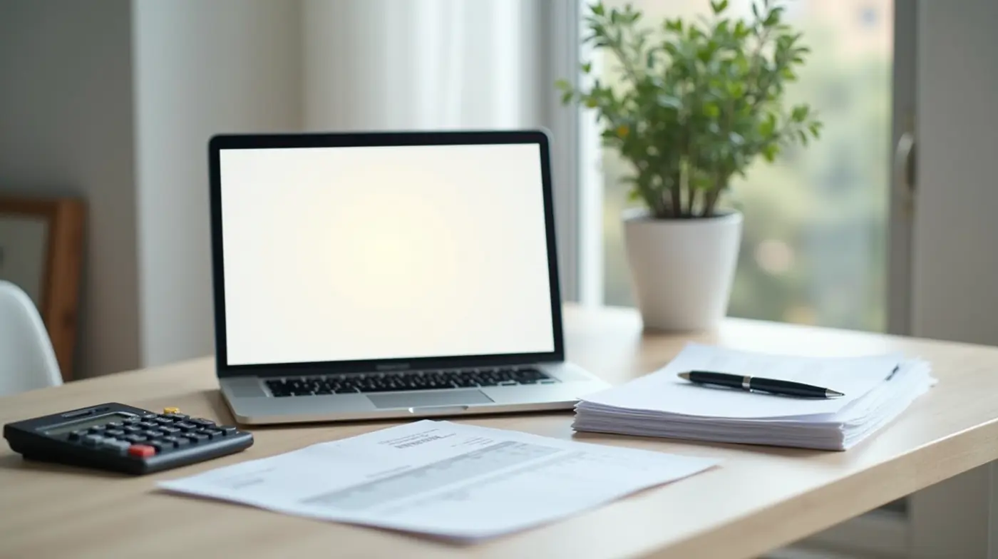 Freelancer desk with laptop, invoices and pen for an invoicing guide