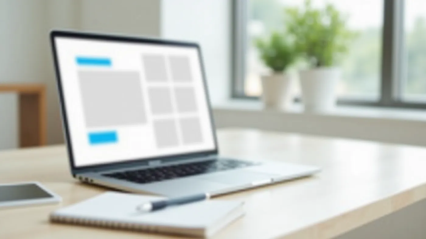 Professional editorial photograph of a modern laptop on a light wooden desk, the screen showing a clean abstract web pag