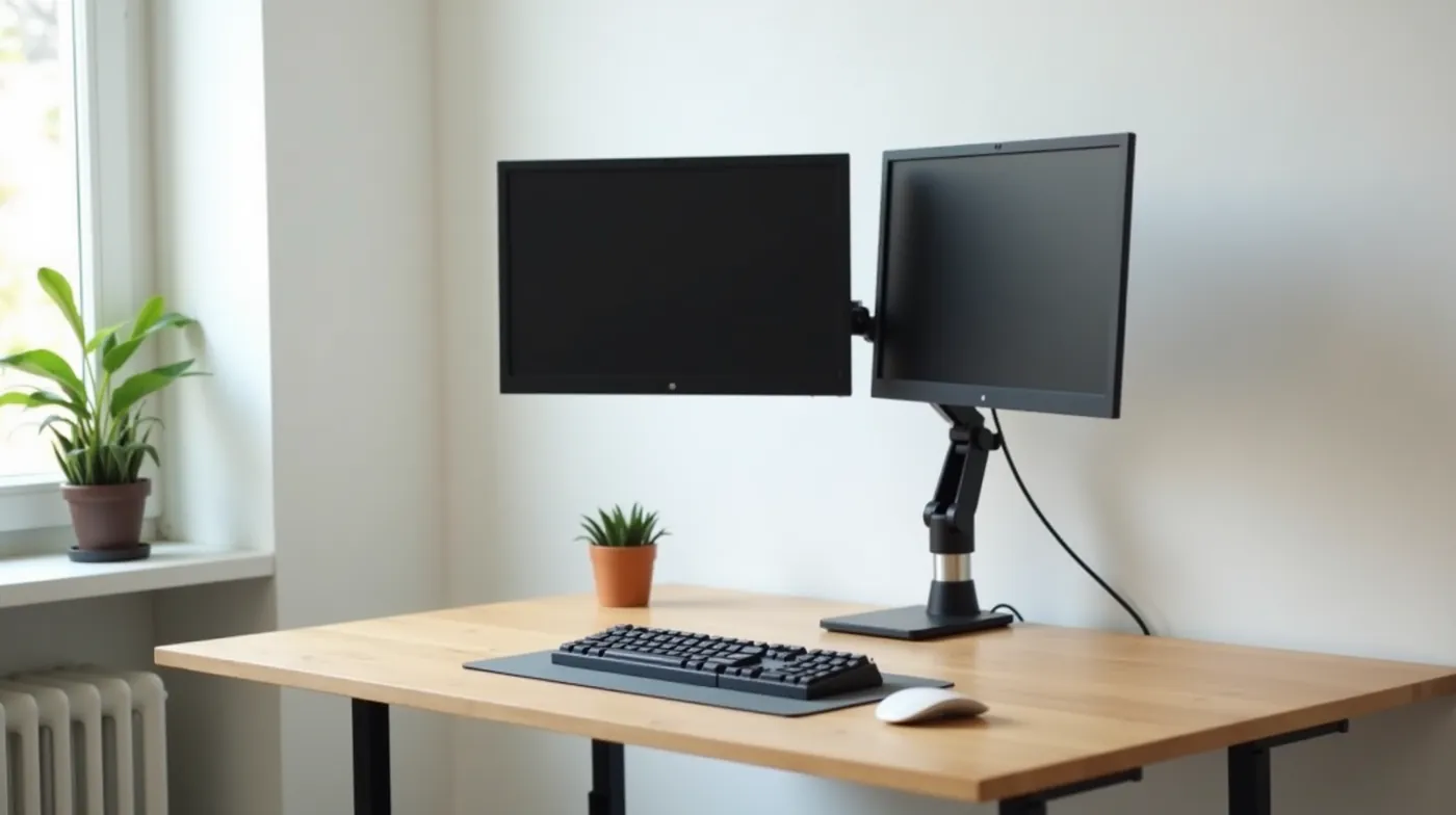 Professional editorial photograph of a modern home office standing desk with light oak wood top, dual monitors on an art