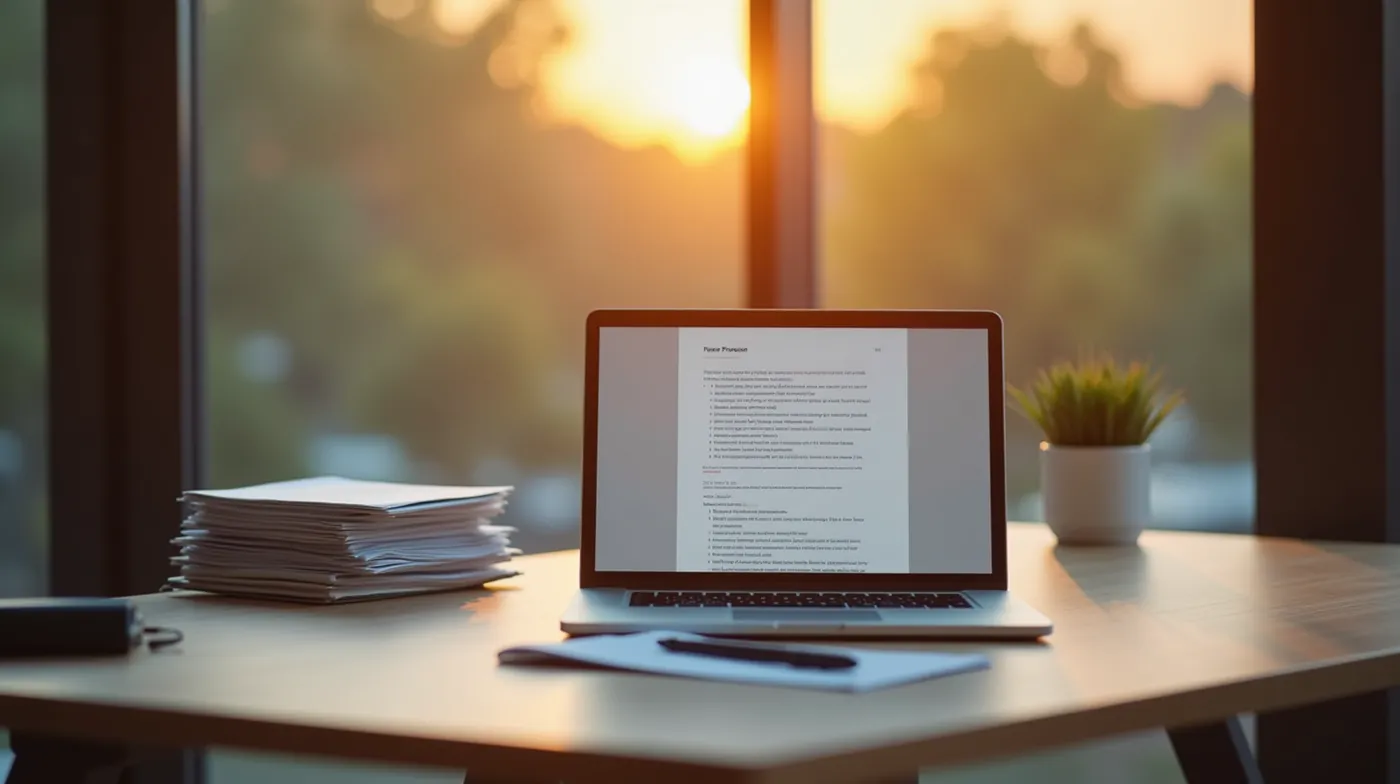 professional editorial photograph, full-bleed 16:10 composition, a clean modern home-office desk at golden hour with an