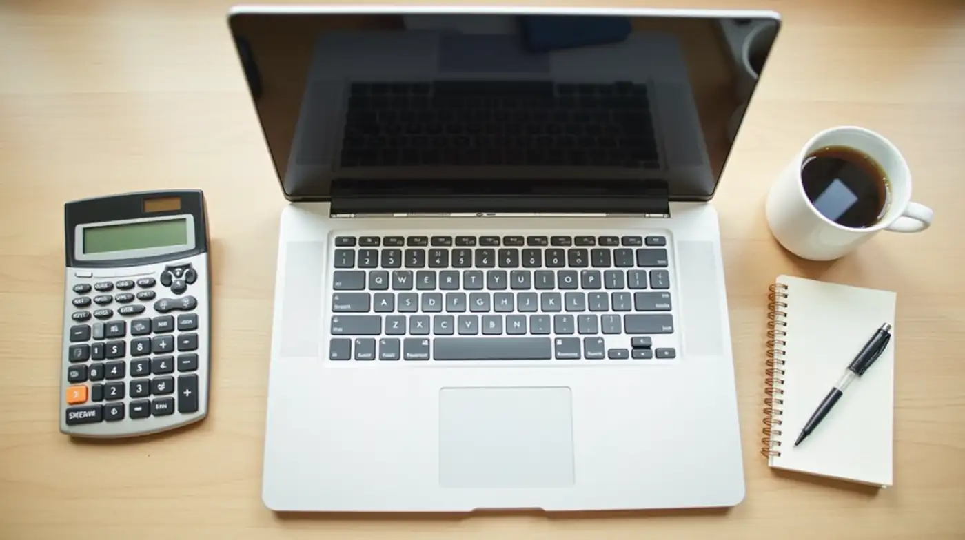 Professional editorial photograph, overhead view of a clean light-wood desk: an open laptop with a dark blank screen, a 