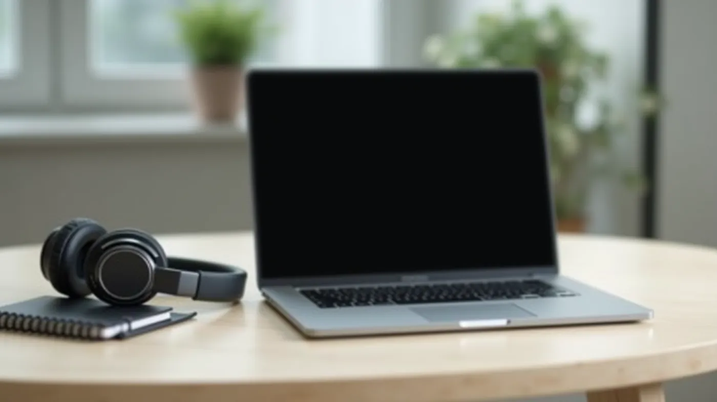 Professional editorial photograph of a modern laptop with a dark blank screen, open on a clean light-wood desk, a pair o