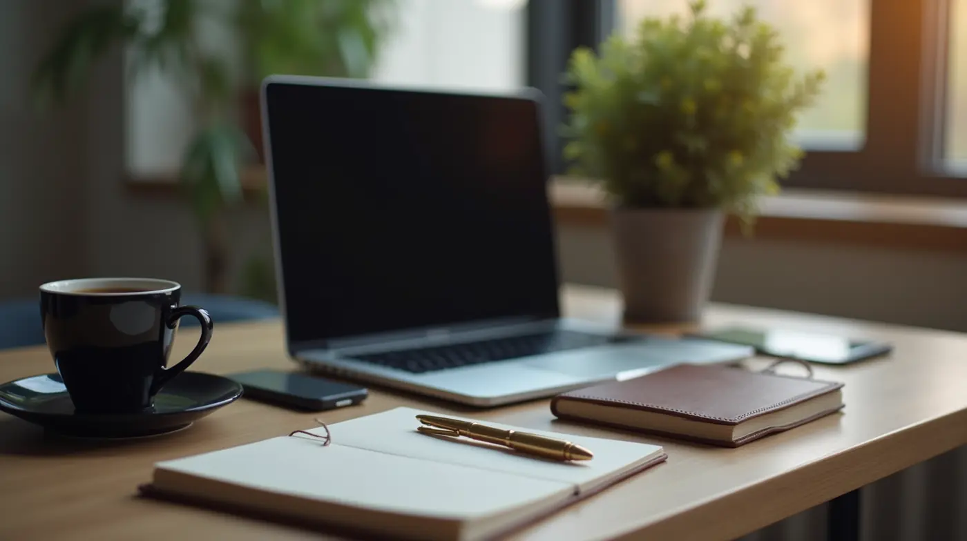 A professional editorial photograph of a tidy modern home office desk: an open laptop with a dark blurred screen, a leat