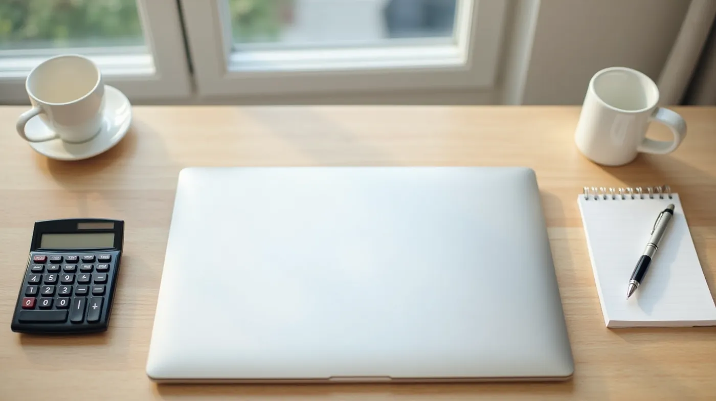 Professional editorial photograph taken from directly above of a tidy light-wood desk: a closed silver laptop, a compact