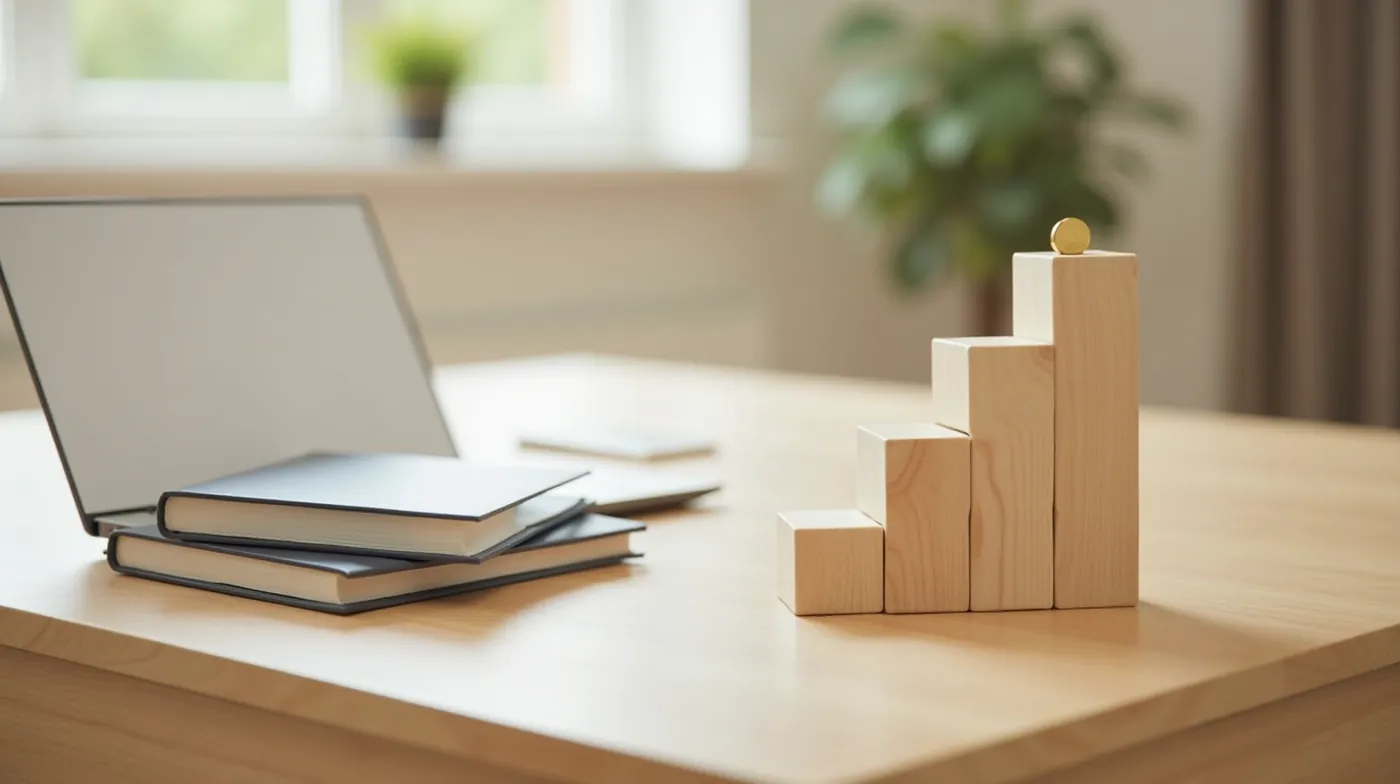 A professional editorial photograph of a split-level wooden desk viewed from above at a slight angle: on the left side a