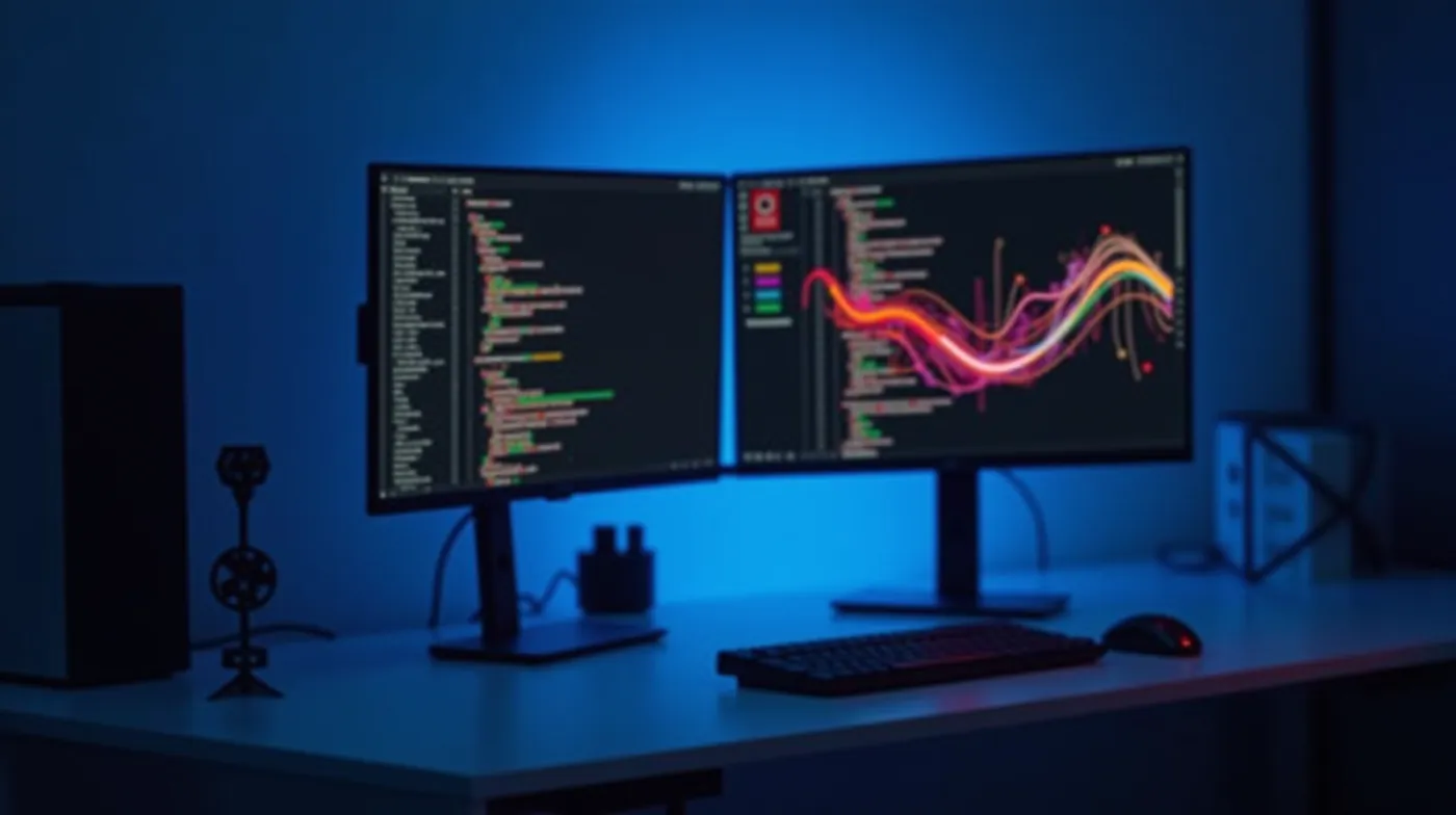 Professional editorial photograph of a modern AI developer workstation: clean desk with dual ultrawide monitors showing 