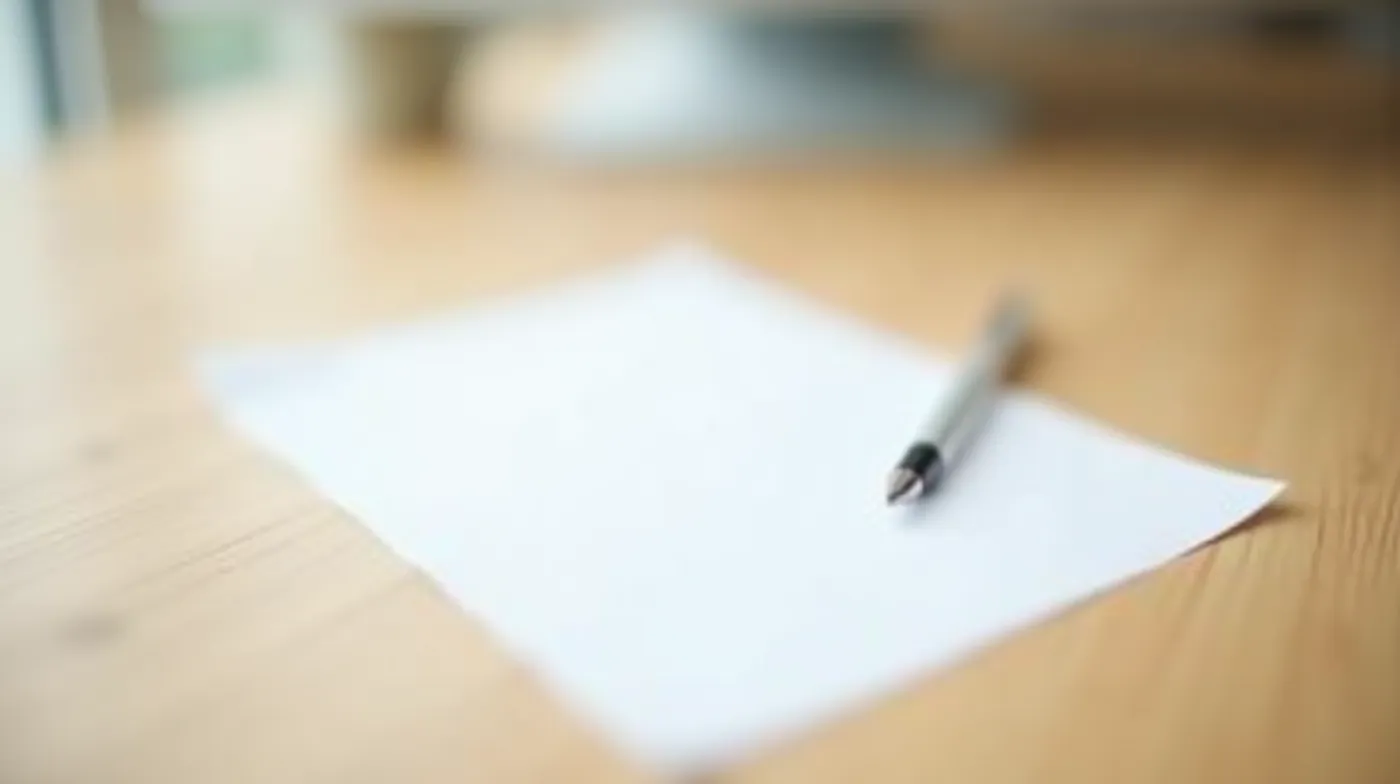 Professional editorial photograph: a single crisp sheet of white paper on a smooth light oak desk, one silver fountain p