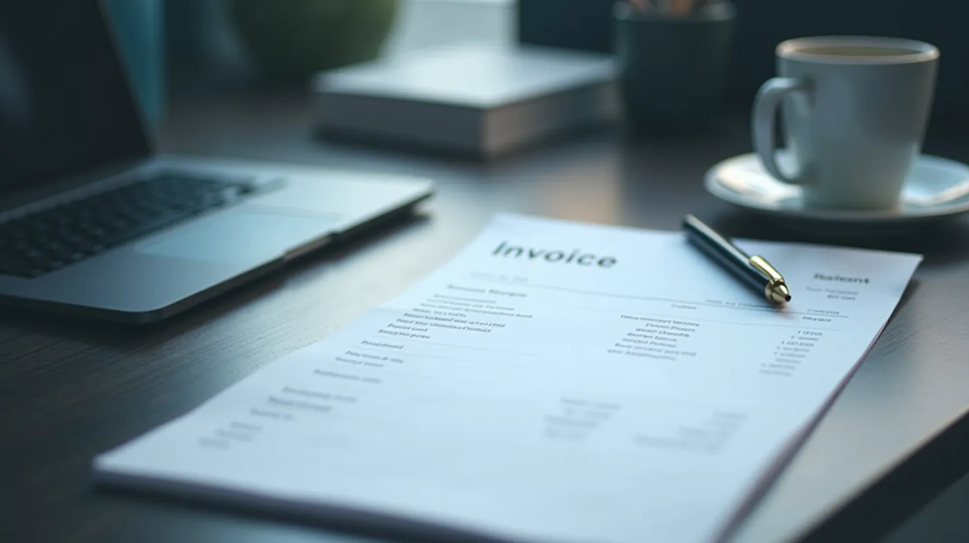 Professional editorial photograph of a tidy freelance desk: an open laptop, a neat printed invoice document, a fountain 