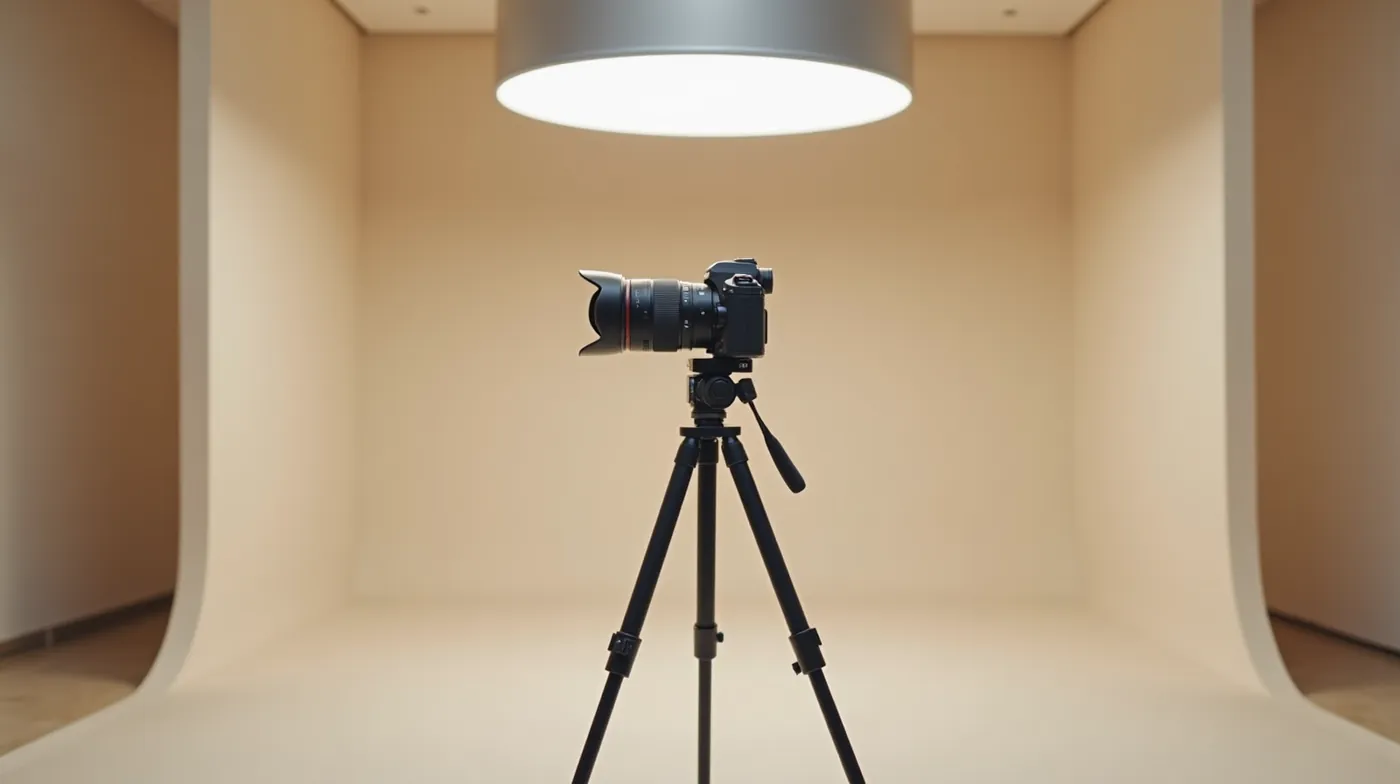 Professional mirrorless camera mounted on a sturdy tripod in a clean minimalist photography studio, softbox light visibl