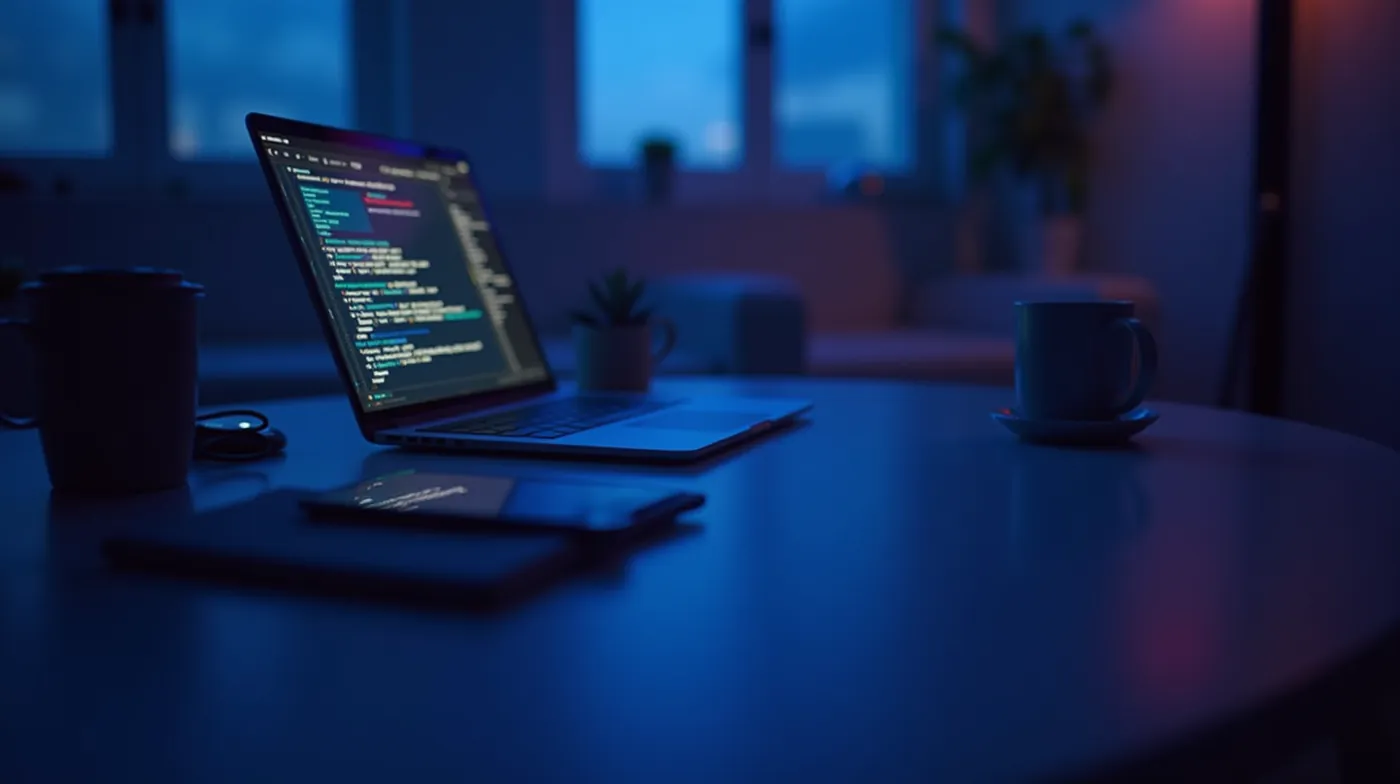 Professional editorial photograph of a sleek modern freelance tech workspace at dusk: a clean minimalist desk with an op