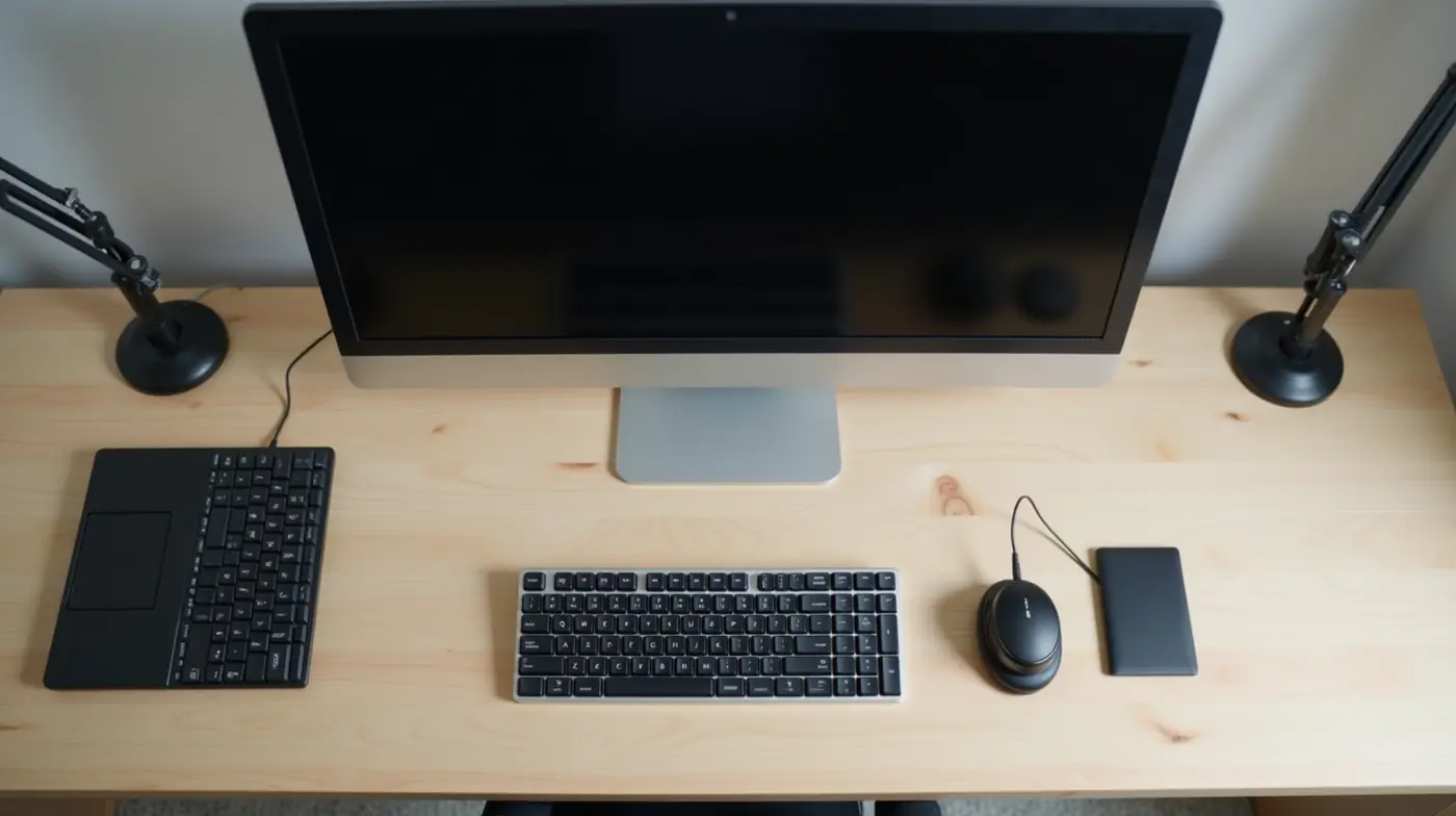 Professional editorial photograph, overhead view of a video editing workspace: a computer monitor displaying a dark blan