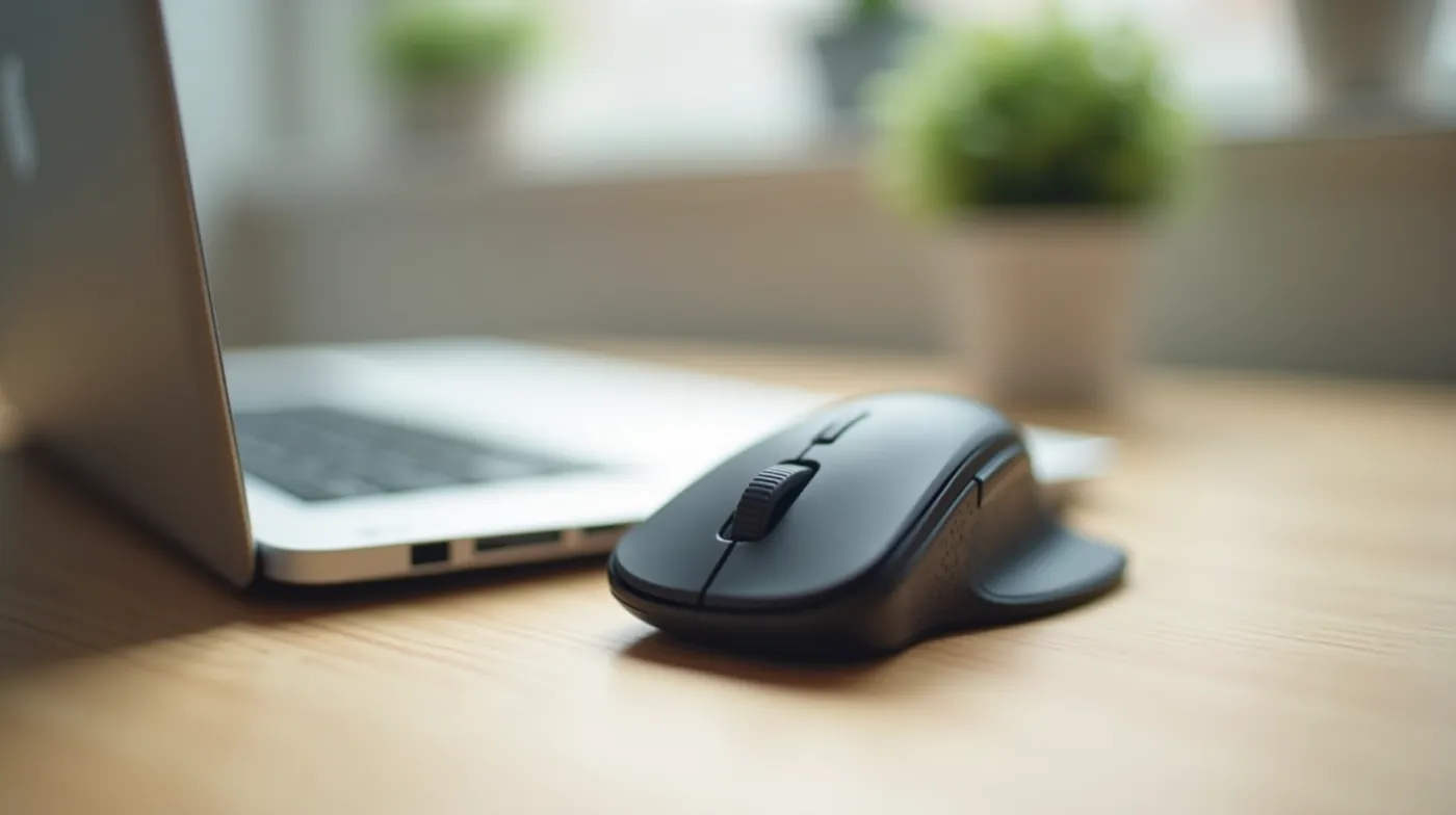 A professional editorial photograph of a modern vertical ergonomic computer mouse resting on a light oak home office des