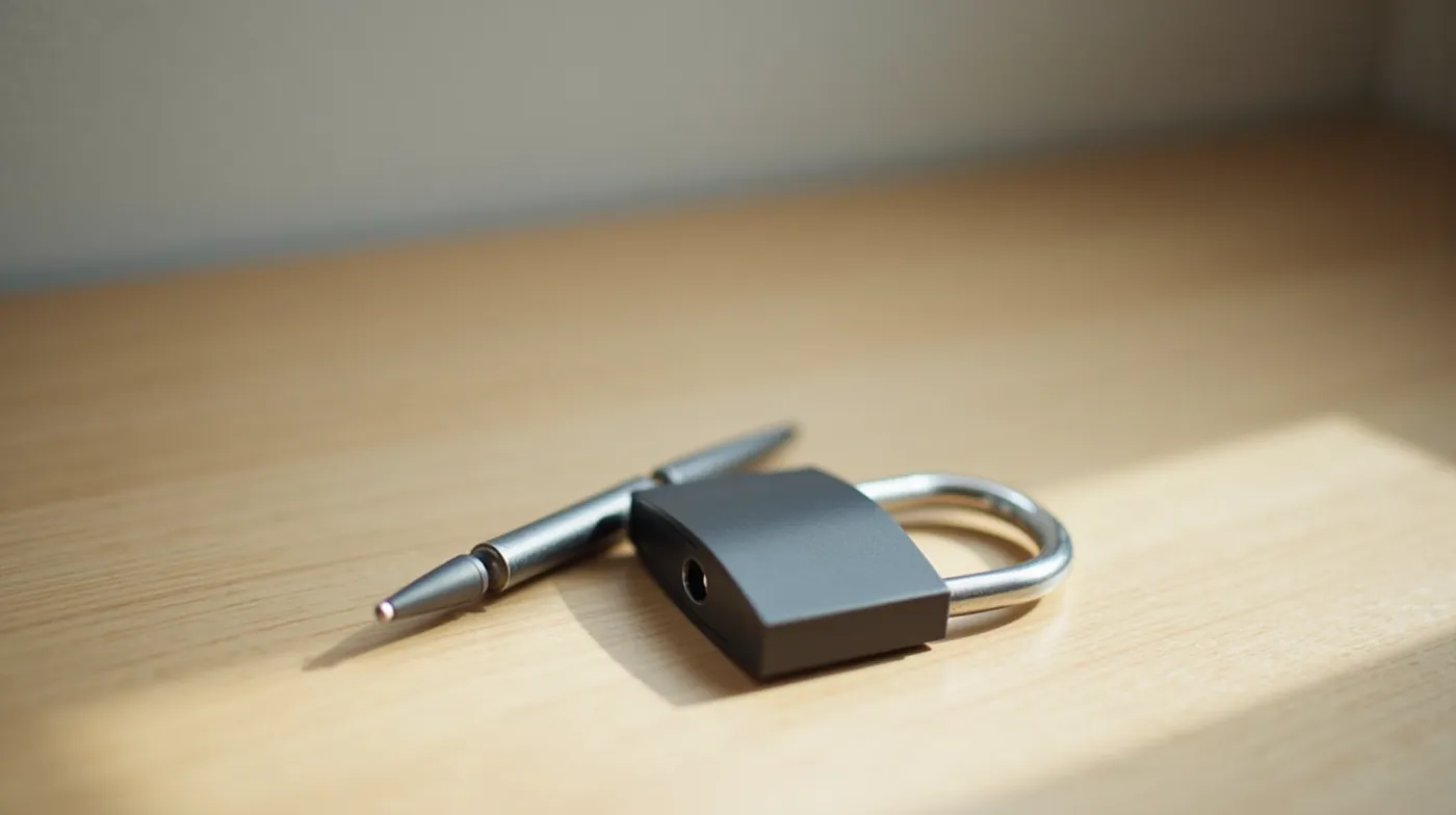 Padlock and pen on a desk symbolizing secure escrow-held funds for freelancers