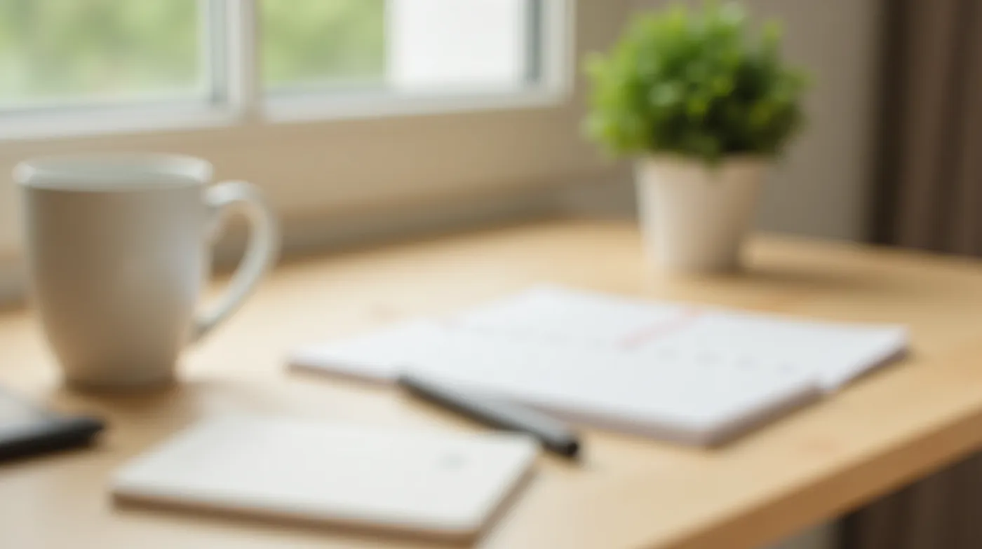 Clean minimal freelance workspace with a coffee cup, fountain pen, and a small potted plant in soft morning light