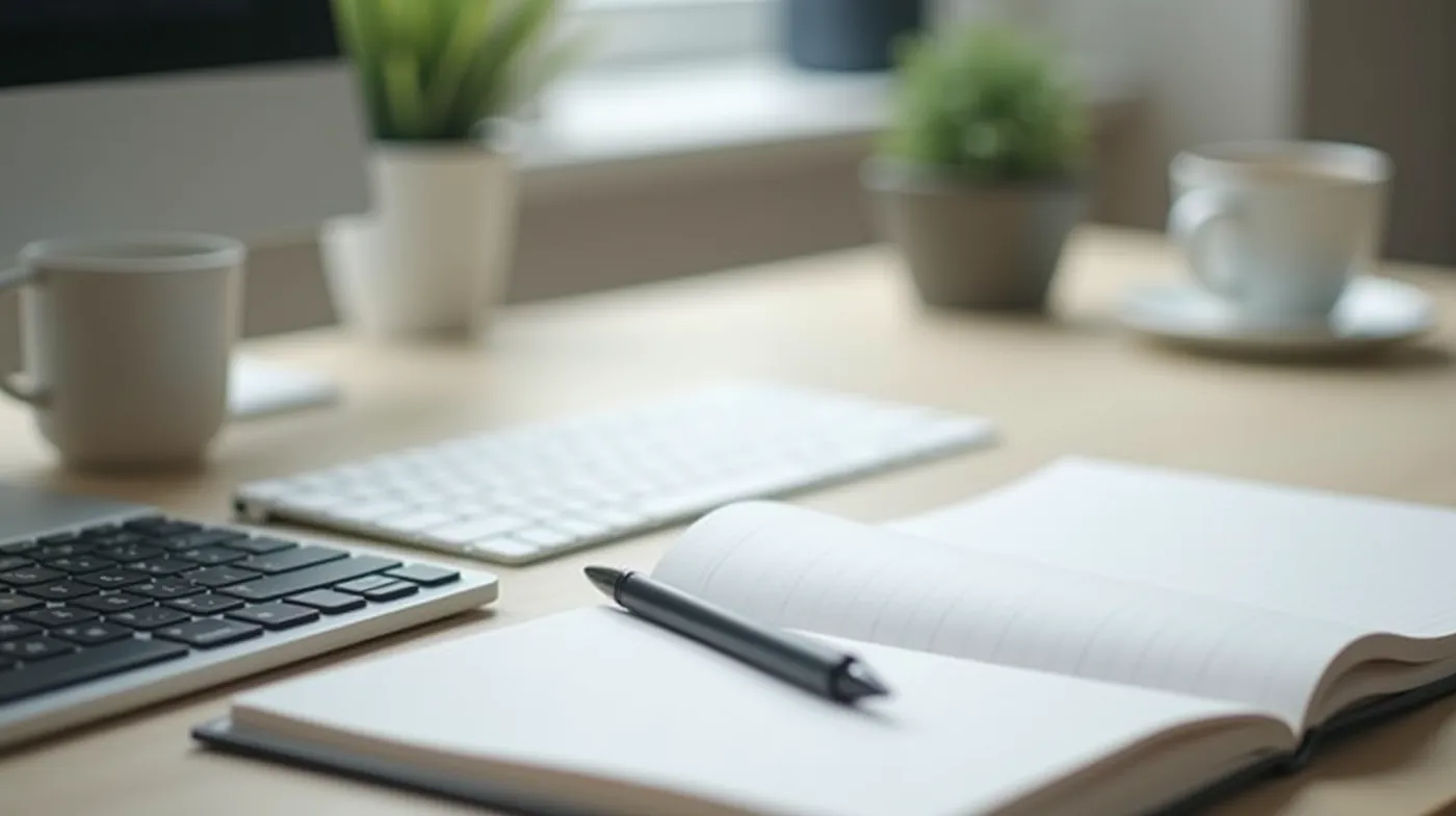 A professional editorial photograph of a minimalist freelance writer desk with a mechanical keyboard, an open notebook w