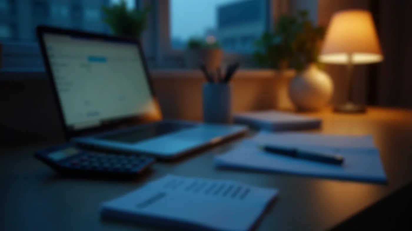professional editorial photograph of a tidy home office desk at dusk: a laptop with softly blurred screen, a calculator,