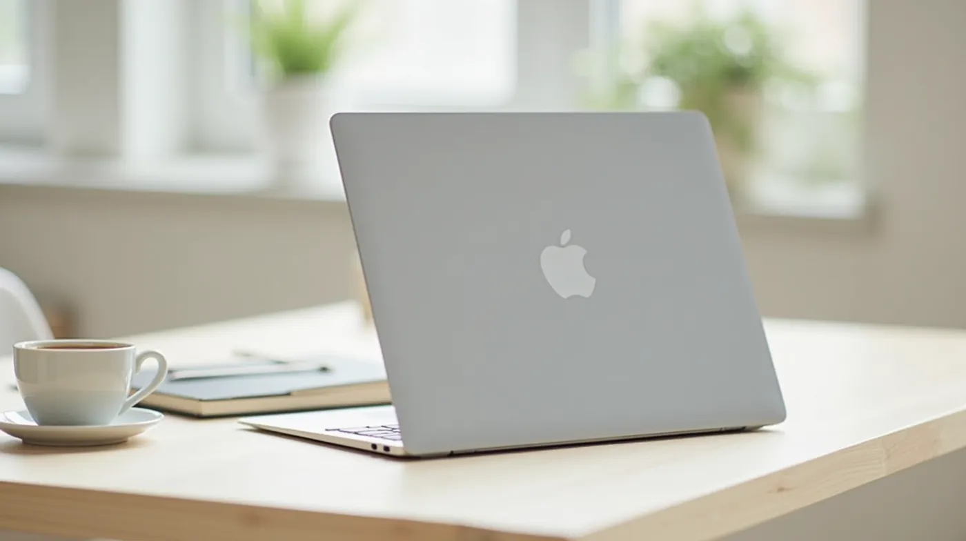 professional editorial photograph of a modern silver ultrabook laptop open on a light wooden desk in a bright minimalist