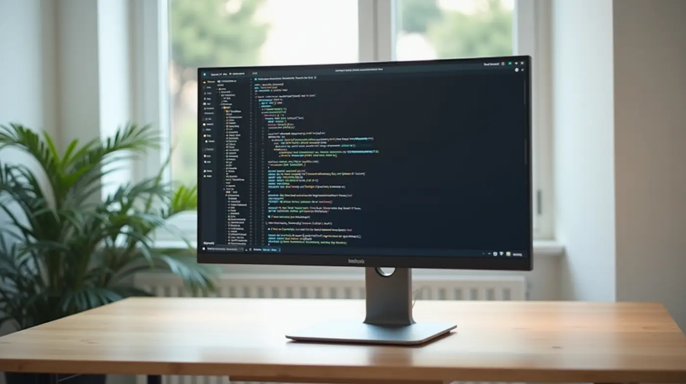 Professional editorial photograph of a slim 27-inch 4K computer monitor on a light oak home office desk, screen glowing 