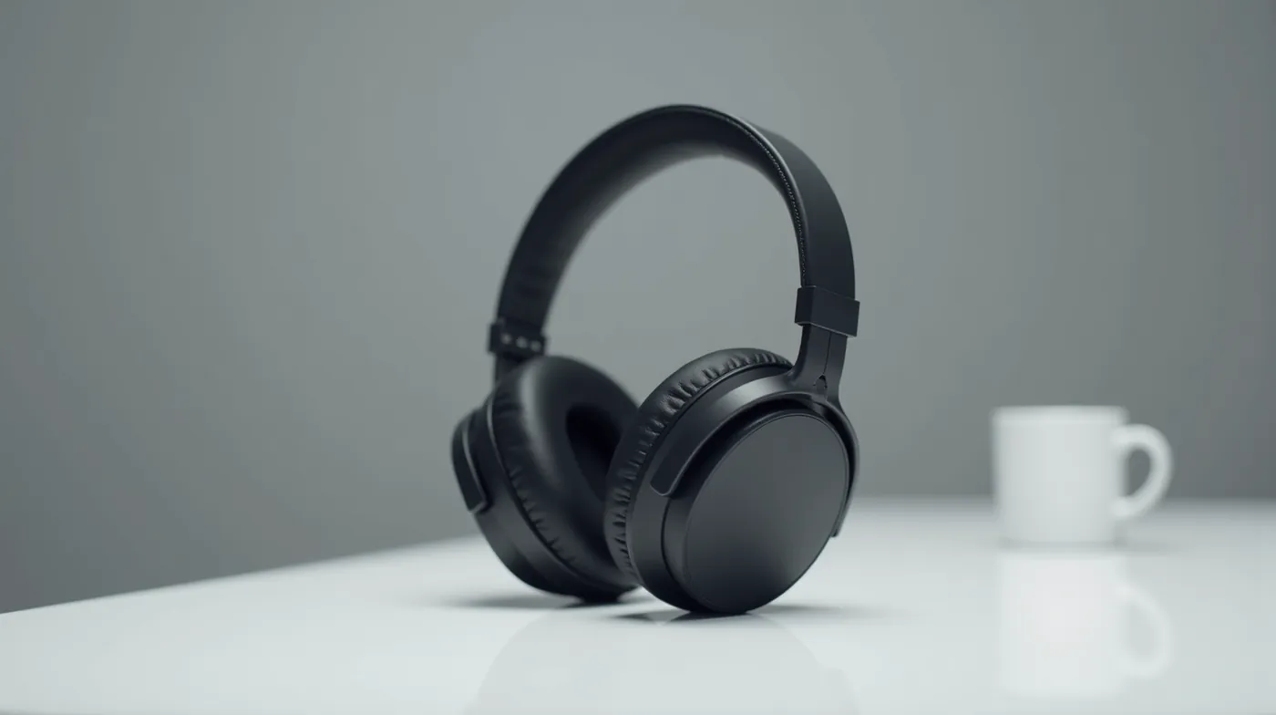 Professional editorial photograph of a pair of premium over-ear noise cancelling headphones resting on a clean modern de