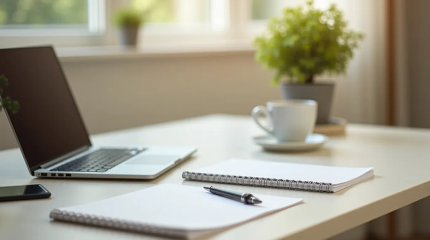 Professional editorial photograph of a tidy minimalist home-office desk with an open laptop, a paper notebook with a pen
