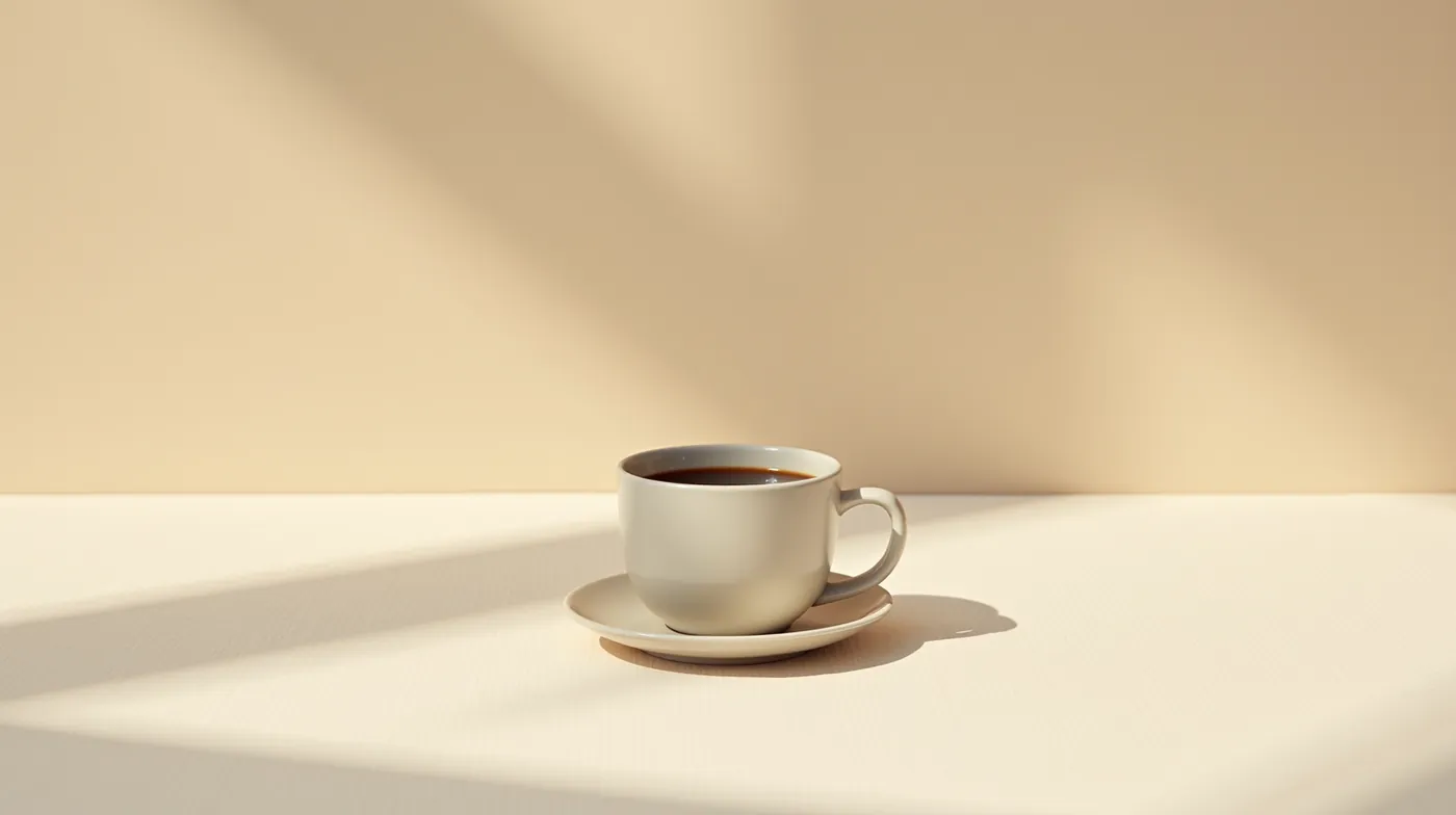A single matte ceramic coffee cup on a plain warm beige linen surface, soft directional morning light casting one gentle