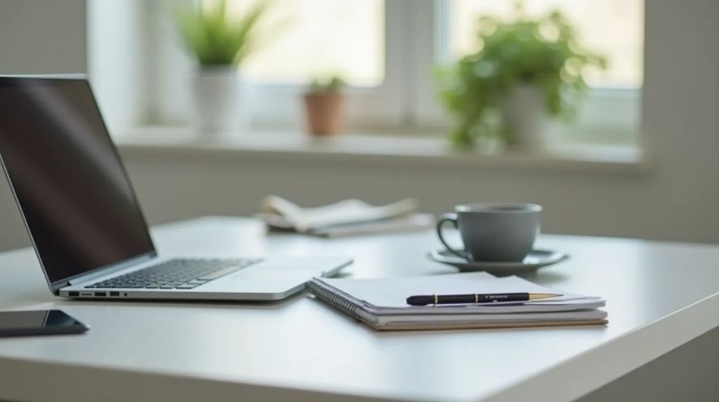 Professional editorial photograph of a modern home office desk with an open laptop viewed from the side, a notebook and 