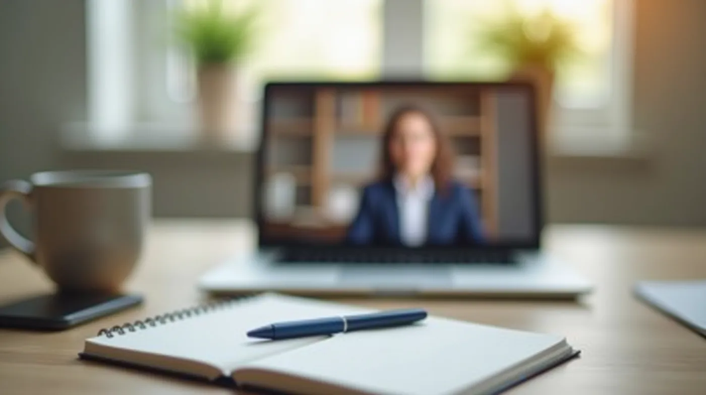 Professional editorial photograph of a modern home office desk prepared for an important video call interview: an open l