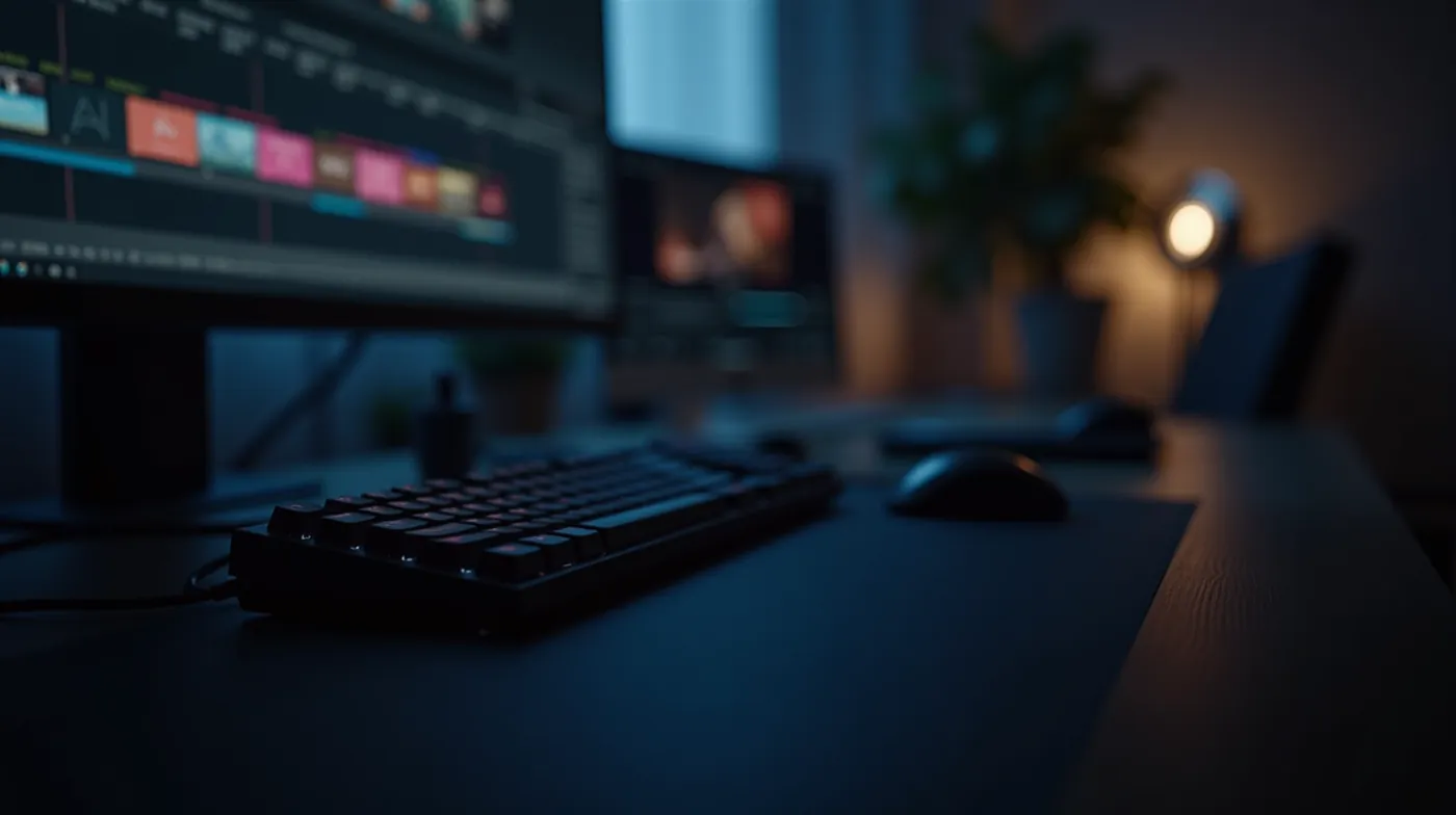 A professional editorial photograph of a video editing workstation: a large color-accurate monitor showing a video editi